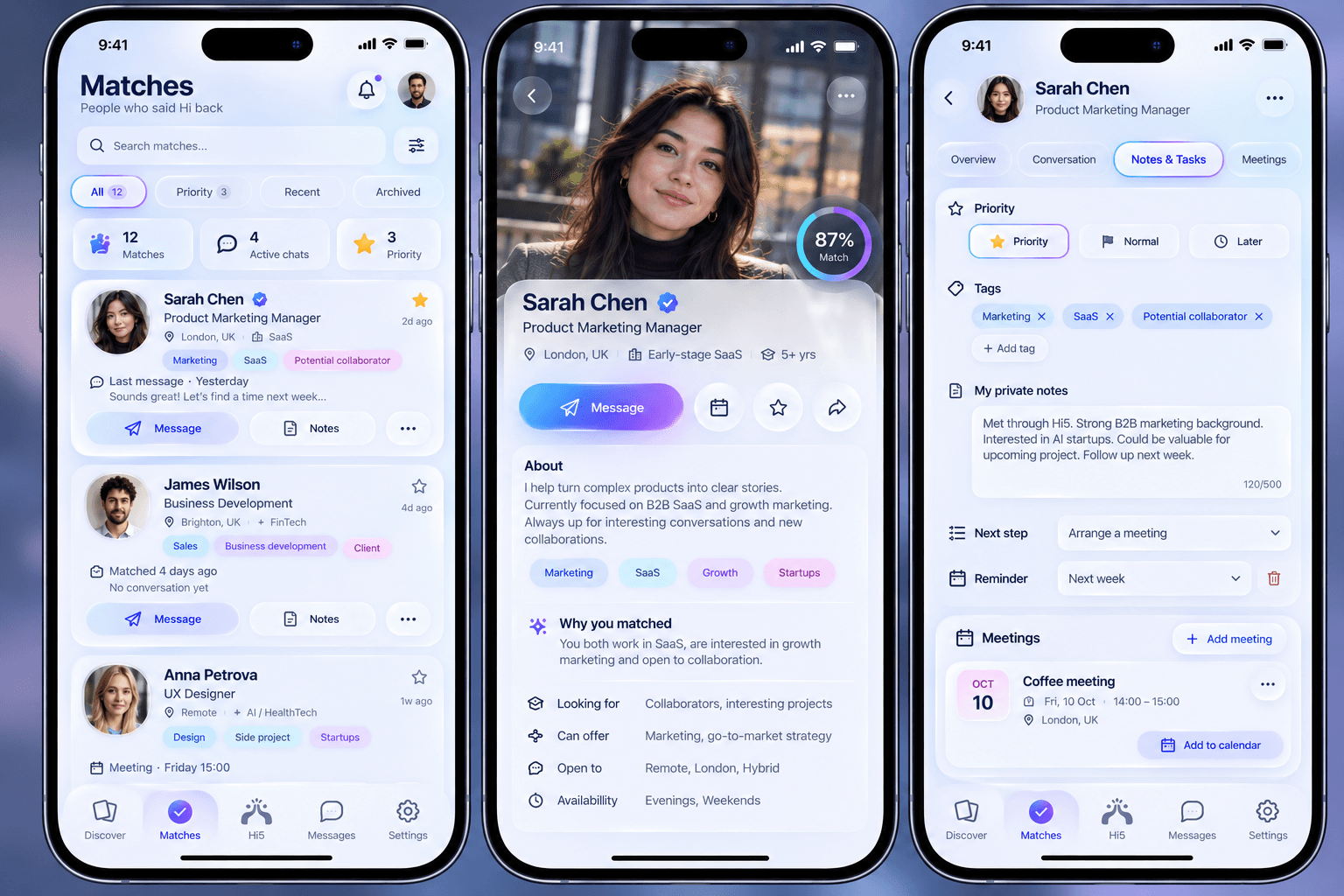 Hi5 matches list, a profile with match score, and private notes screen