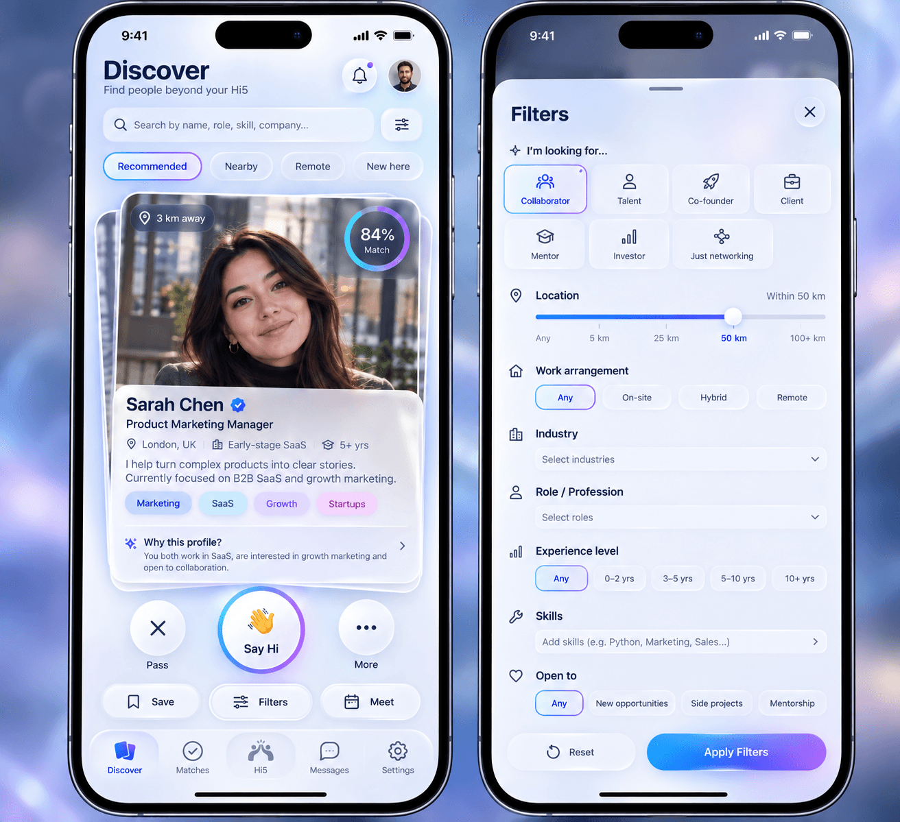 Hi5 Discover screen next to the filters screen