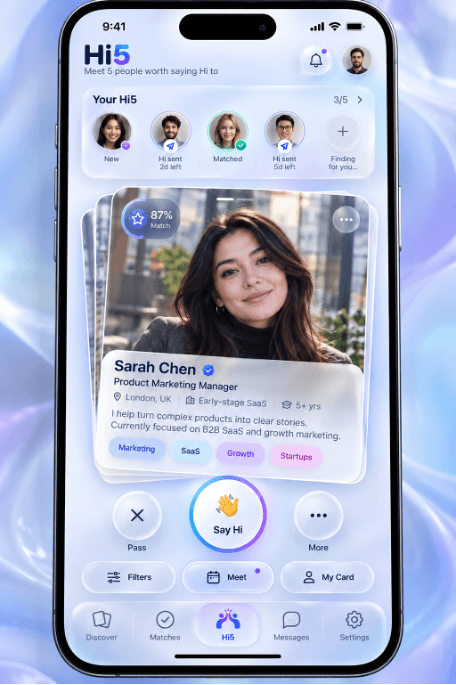 The Hi5 home screen showing a profile card with Pass, Say Hi and More buttons
